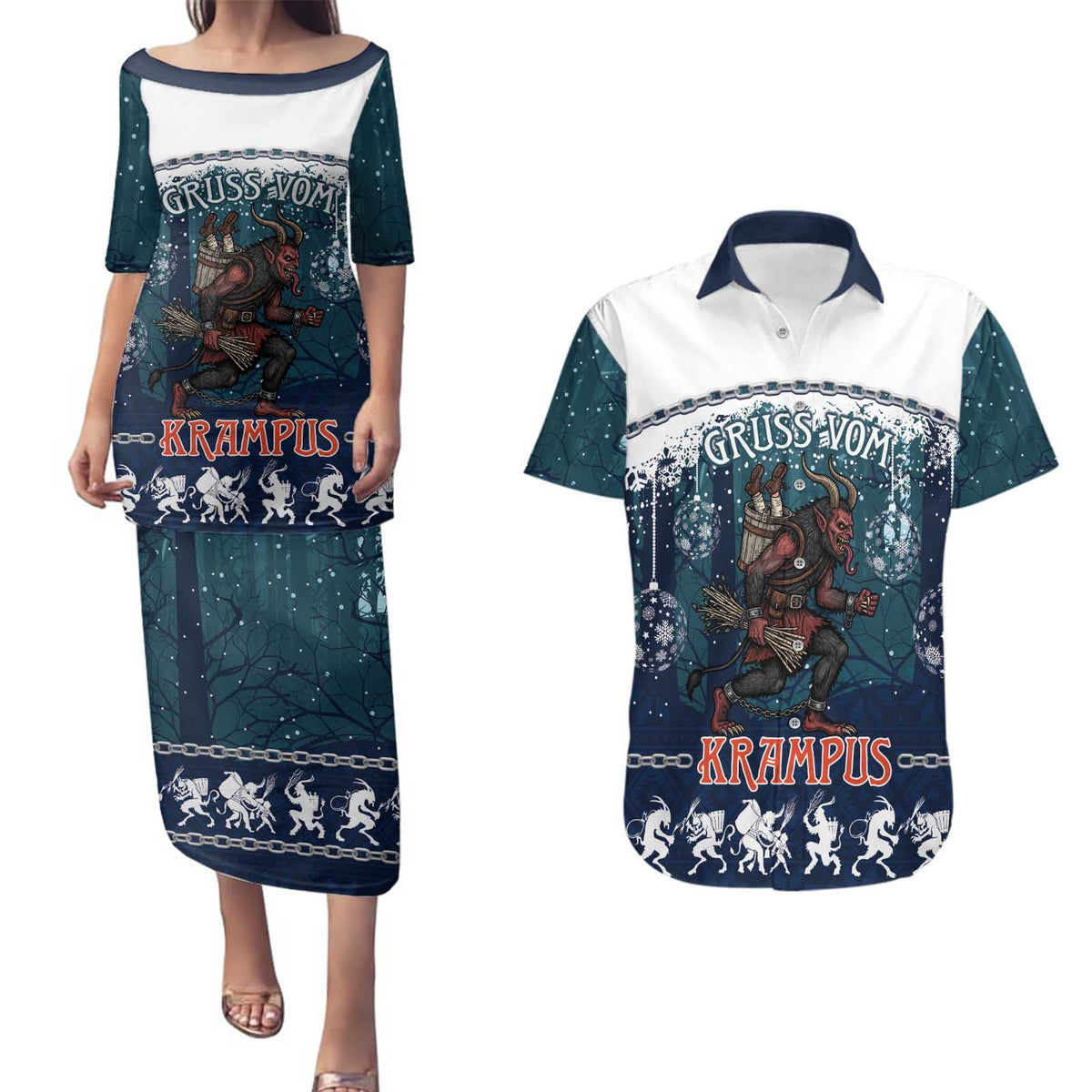 Gruss vom Krampus Christmas Couples Matching Puletasi and Hawaiian Shirt Creepy Xmas Devil - Wonder Print Shop