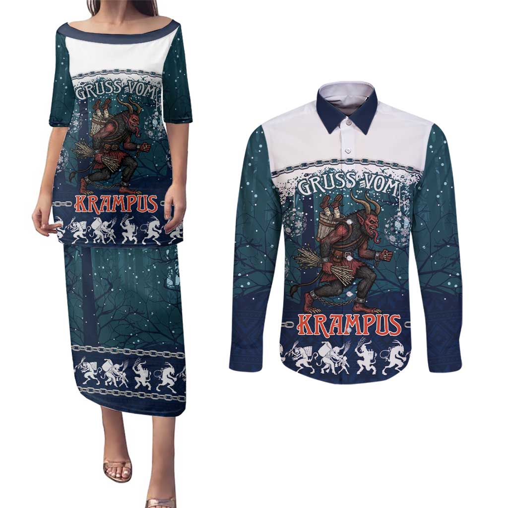 Gruss vom Krampus Christmas Couples Matching Puletasi and Long Sleeve Button Shirt Creepy Xmas Devil - Wonder Print Shop