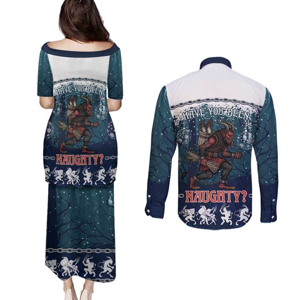 Gruss vom Krampus Christmas Couples Matching Puletasi and Long Sleeve Button Shirt Creepy Xmas Devil - Wonder Print Shop