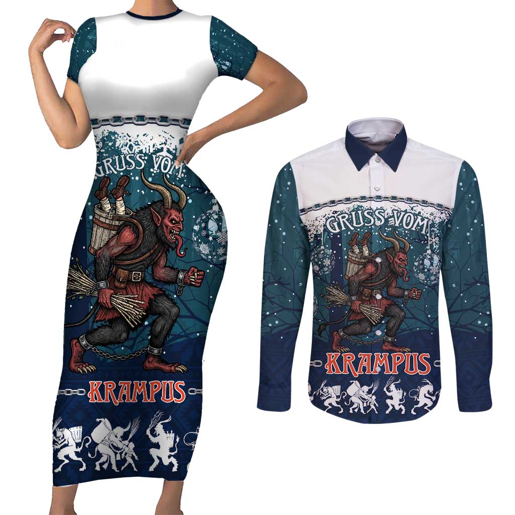Gruss vom Krampus Christmas Couples Matching Short Sleeve Bodycon Dress and Long Sleeve Button Shirt Creepy Xmas Devil - Wonder Print Shop