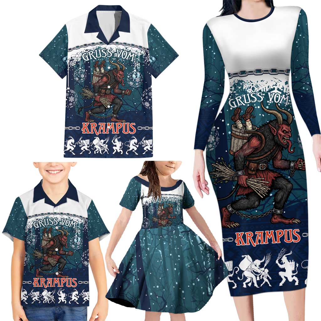 Gruss vom Krampus Christmas Family Matching Long Sleeve Bodycon Dress and Hawaiian Shirt Creepy Xmas Devil - Wonder Print Shop