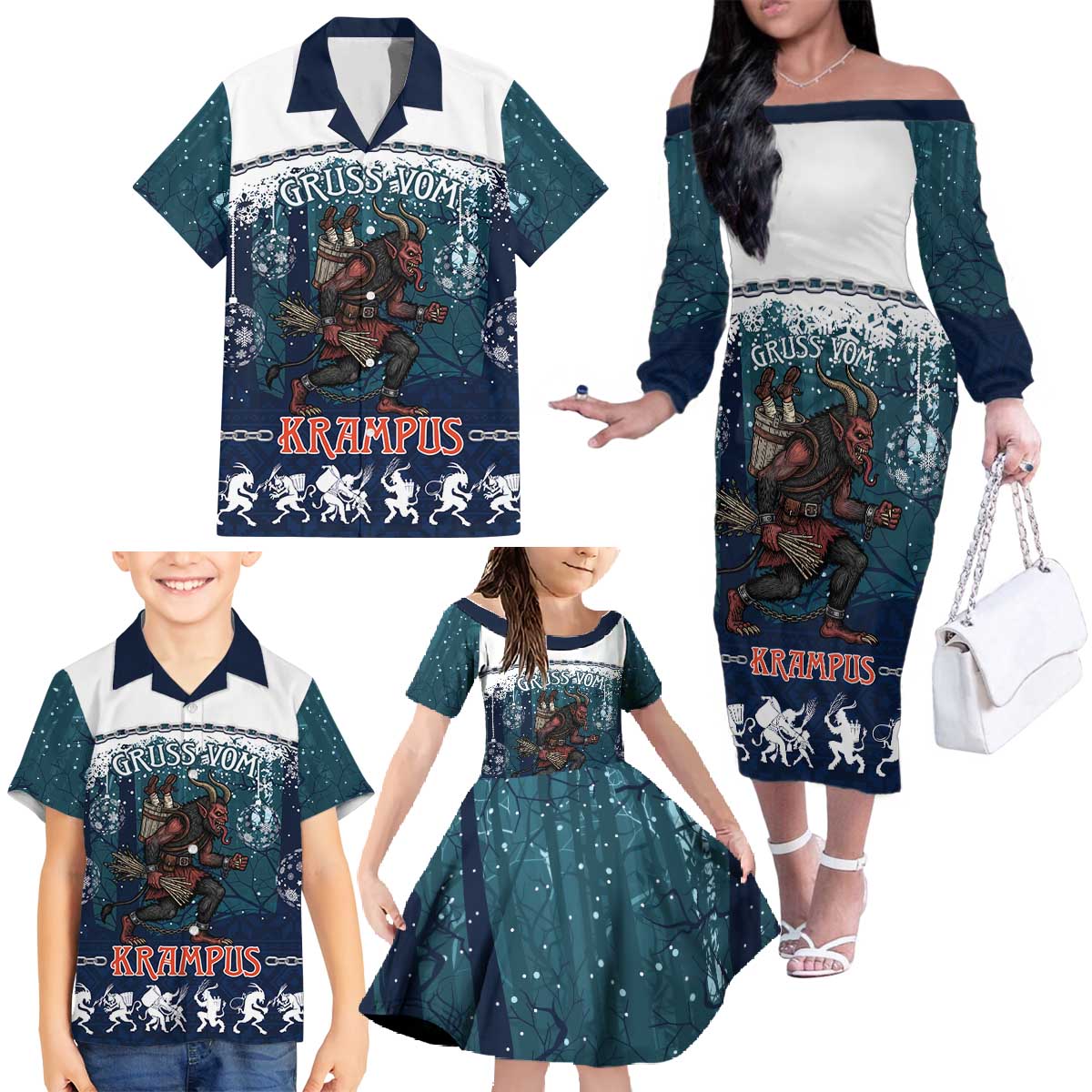 Gruss vom Krampus Christmas Family Matching Off The Shoulder Long Sleeve Dress and Hawaiian Shirt Creepy Xmas Devil - Wonder Print Shop