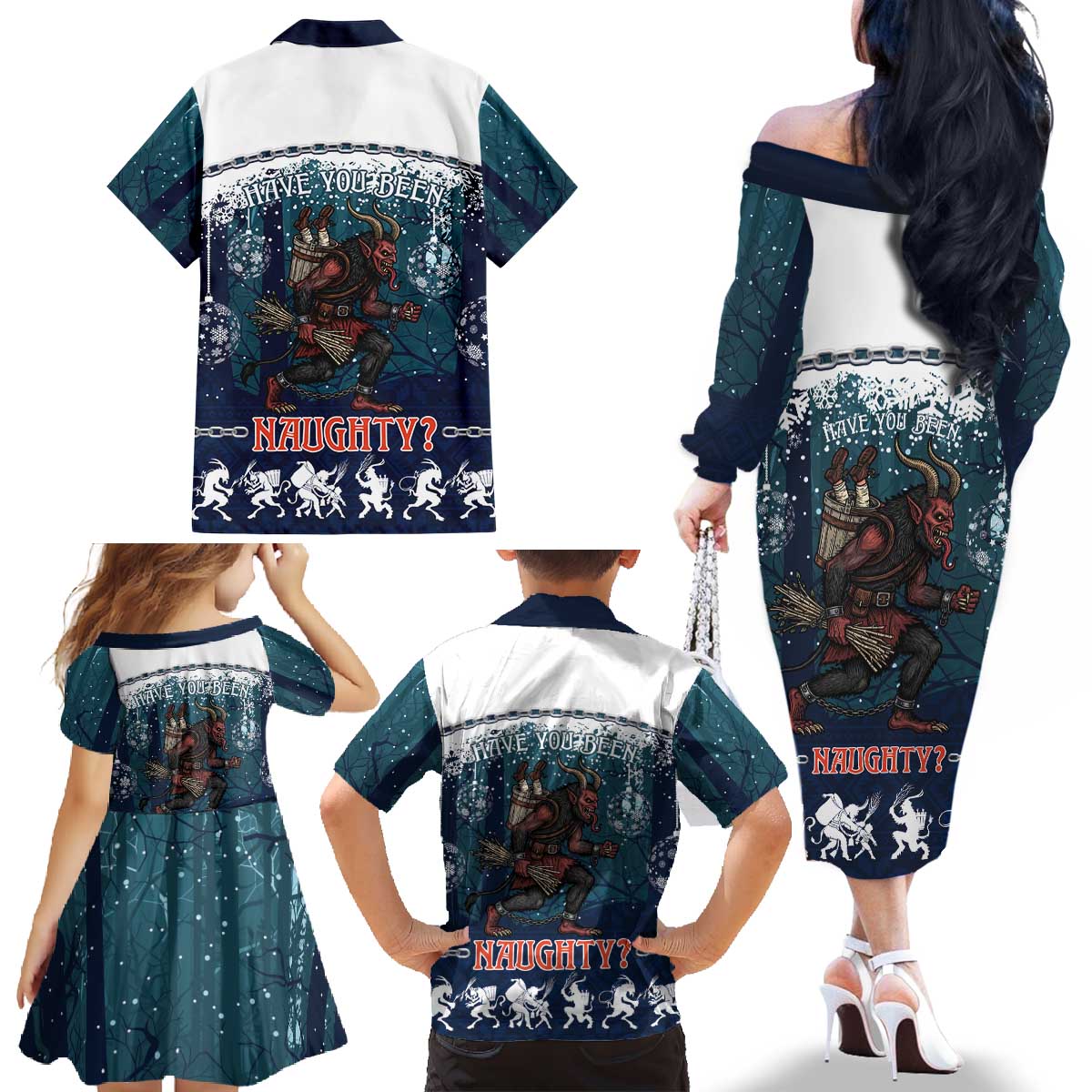 Gruss vom Krampus Christmas Family Matching Off The Shoulder Long Sleeve Dress and Hawaiian Shirt Creepy Xmas Devil - Wonder Print Shop