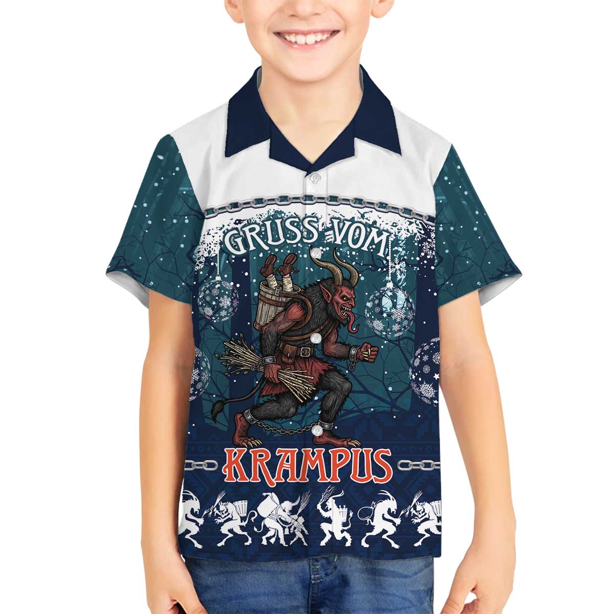 Gruss vom Krampus Christmas Family Matching Off The Shoulder Long Sleeve Dress and Hawaiian Shirt Creepy Xmas Devil - Wonder Print Shop