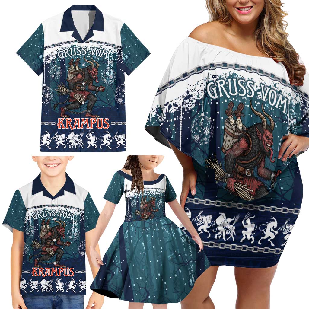 Gruss vom Krampus Christmas Family Matching Off Shoulder Short Dress and Hawaiian Shirt Creepy Xmas Devil - Wonder Print Shop