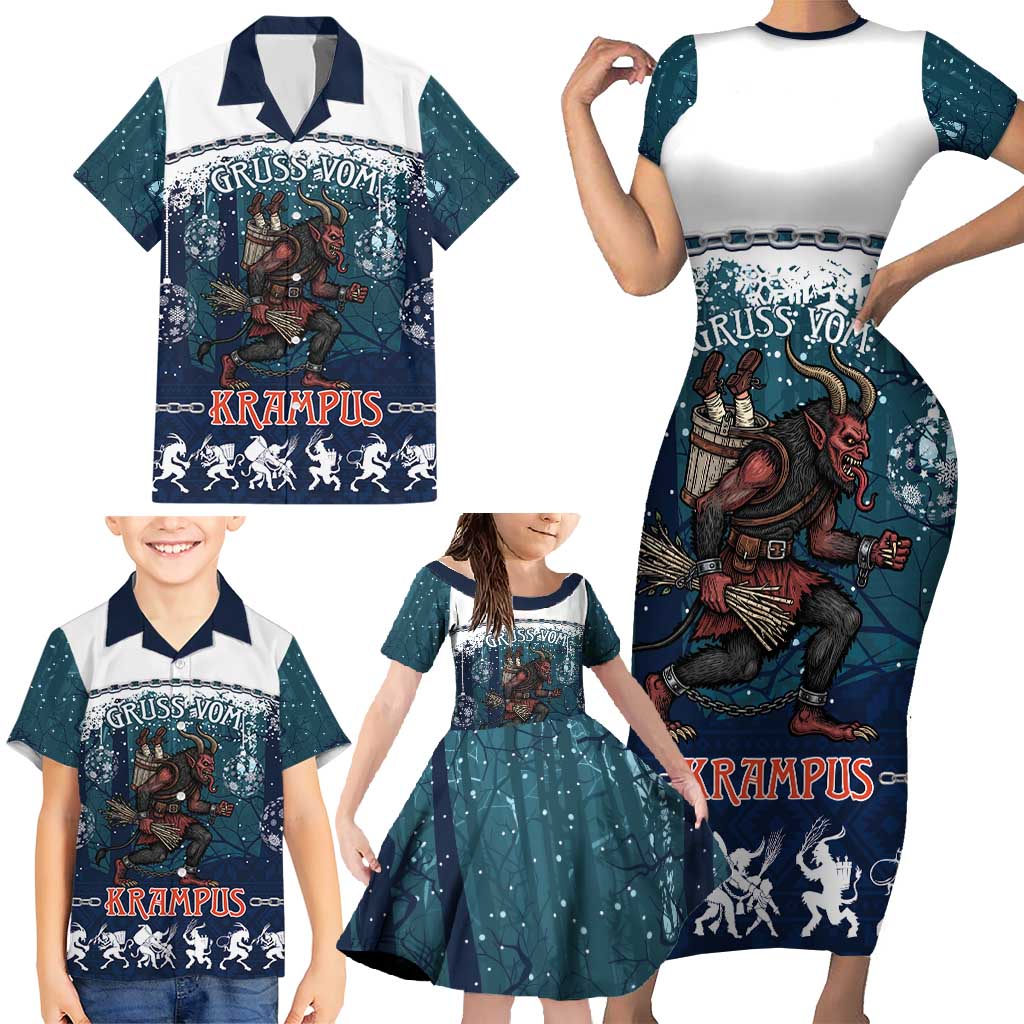 Gruss vom Krampus Christmas Family Matching Short Sleeve Bodycon Dress and Hawaiian Shirt Creepy Xmas Devil - Wonder Print Shop