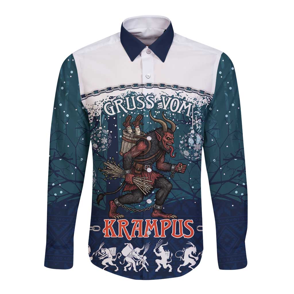 Gruss vom Krampus Christmas Long Sleeve Button Shirt Creepy Xmas Devil - Wonder Print Shop