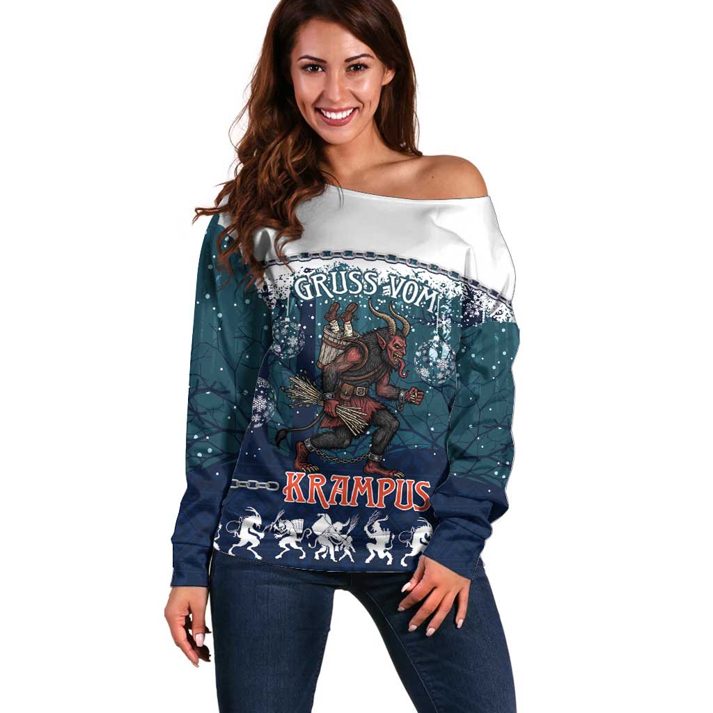 Gruss vom Krampus Christmas Off Shoulder Sweater Creepy Xmas Devil - Wonder Print Shop