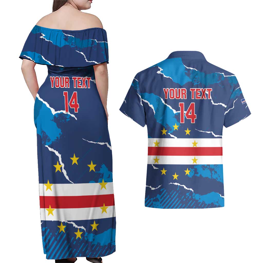 Custom Cape Verde Football Couples Matching Off Shoulder Maxi Dress and Hawaiian Shirt Go Blue Sharks - Mascot Version - Wonder Print Shop