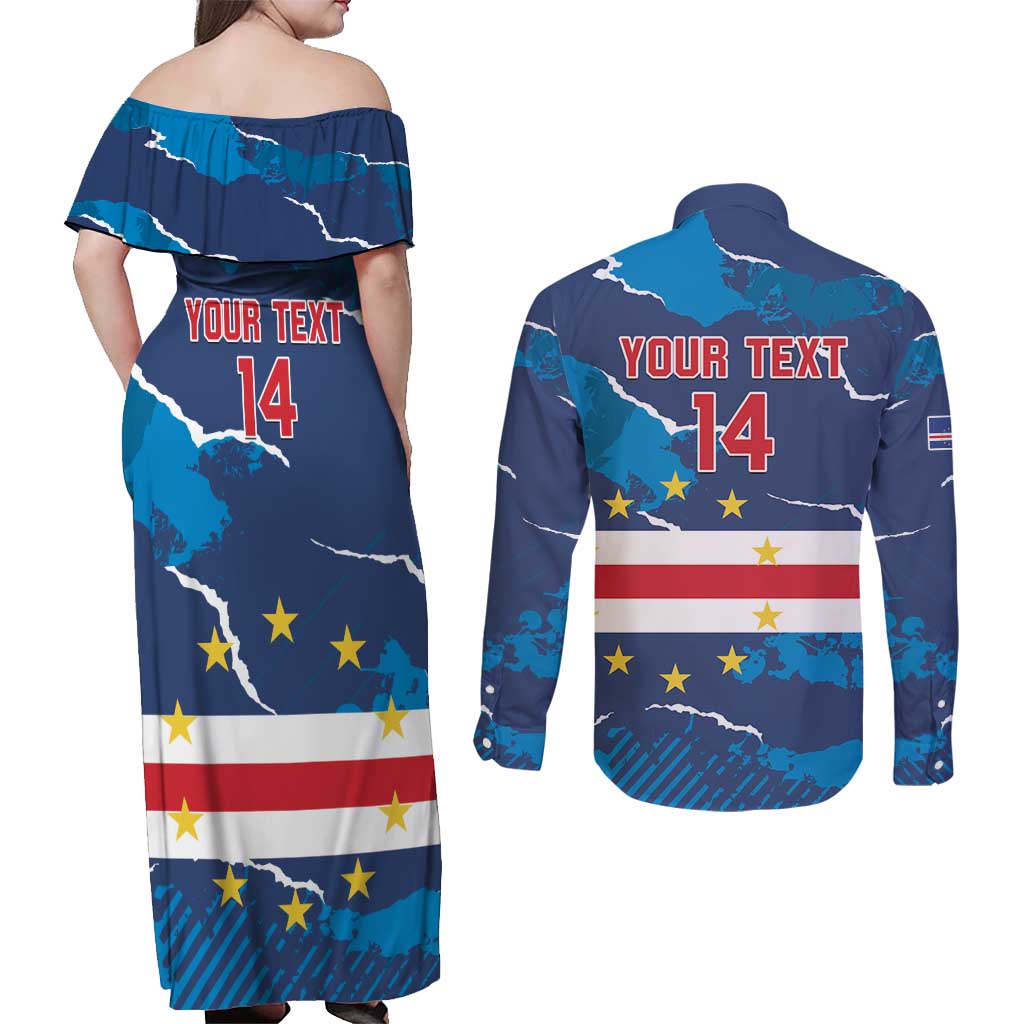 Custom Cape Verde Football Couples Matching Off Shoulder Maxi Dress and Long Sleeve Button Shirt Go Blue Sharks - Mascot Version - Wonder Print Shop