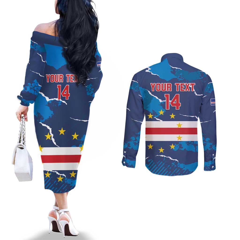 Custom Cape Verde Football Couples Matching Off The Shoulder Long Sleeve Dress and Long Sleeve Button Shirt Go Blue Sharks - Mascot Version