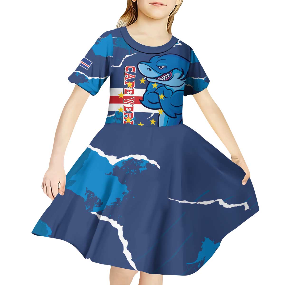 Custom Cape Verde Football Kid Short Sleeve Dress Go Blue Sharks - Mascot Version - Wonder Print Shop