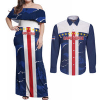Custom Cape Verde Football Couples Matching Off Shoulder Maxi Dress and Long Sleeve Button Shirt Go Blue Sharks - Sporty Version - Wonder Print Shop
