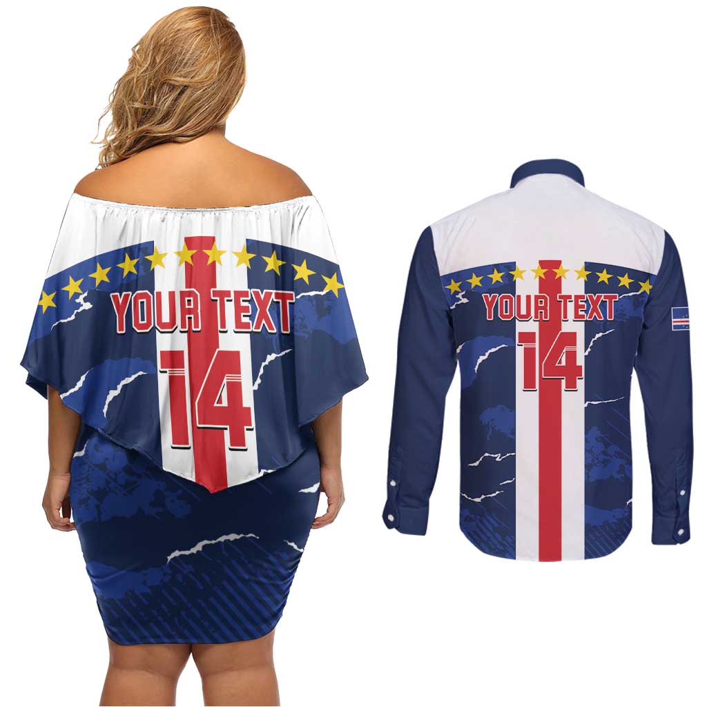 Custom Cape Verde Football Couples Matching Off Shoulder Short Dress and Long Sleeve Button Shirt Go Blue Sharks - Sporty Version - Wonder Print Shop