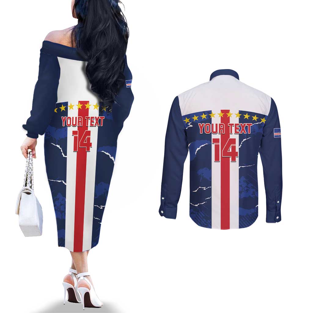 Custom Cape Verde Football Couples Matching Off The Shoulder Long Sleeve Dress and Long Sleeve Button Shirt Go Blue Sharks - Sporty Version