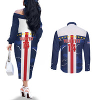 Custom Cape Verde Football Couples Matching Off The Shoulder Long Sleeve Dress and Long Sleeve Button Shirt Go Blue Sharks - Sporty Version