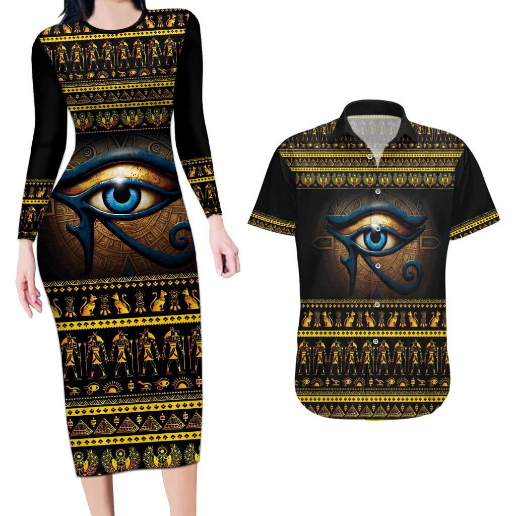 Ancient Egypt Eye Of Ra Couples Matching Long Sleeve Bodycon Dress and Hawaiian Shirt Sun To The Egyptians - Wonder Print Shop
