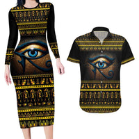 Ancient Egypt Eye Of Ra Couples Matching Long Sleeve Bodycon Dress and Hawaiian Shirt Sun To The Egyptians - Wonder Print Shop