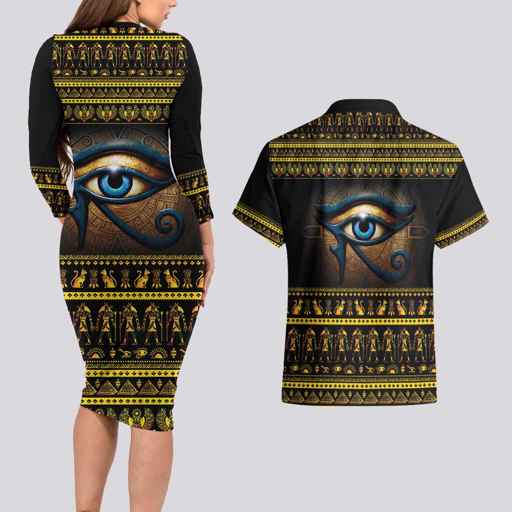 Ancient Egypt Eye Of Ra Couples Matching Long Sleeve Bodycon Dress and Hawaiian Shirt Sun To The Egyptians - Wonder Print Shop