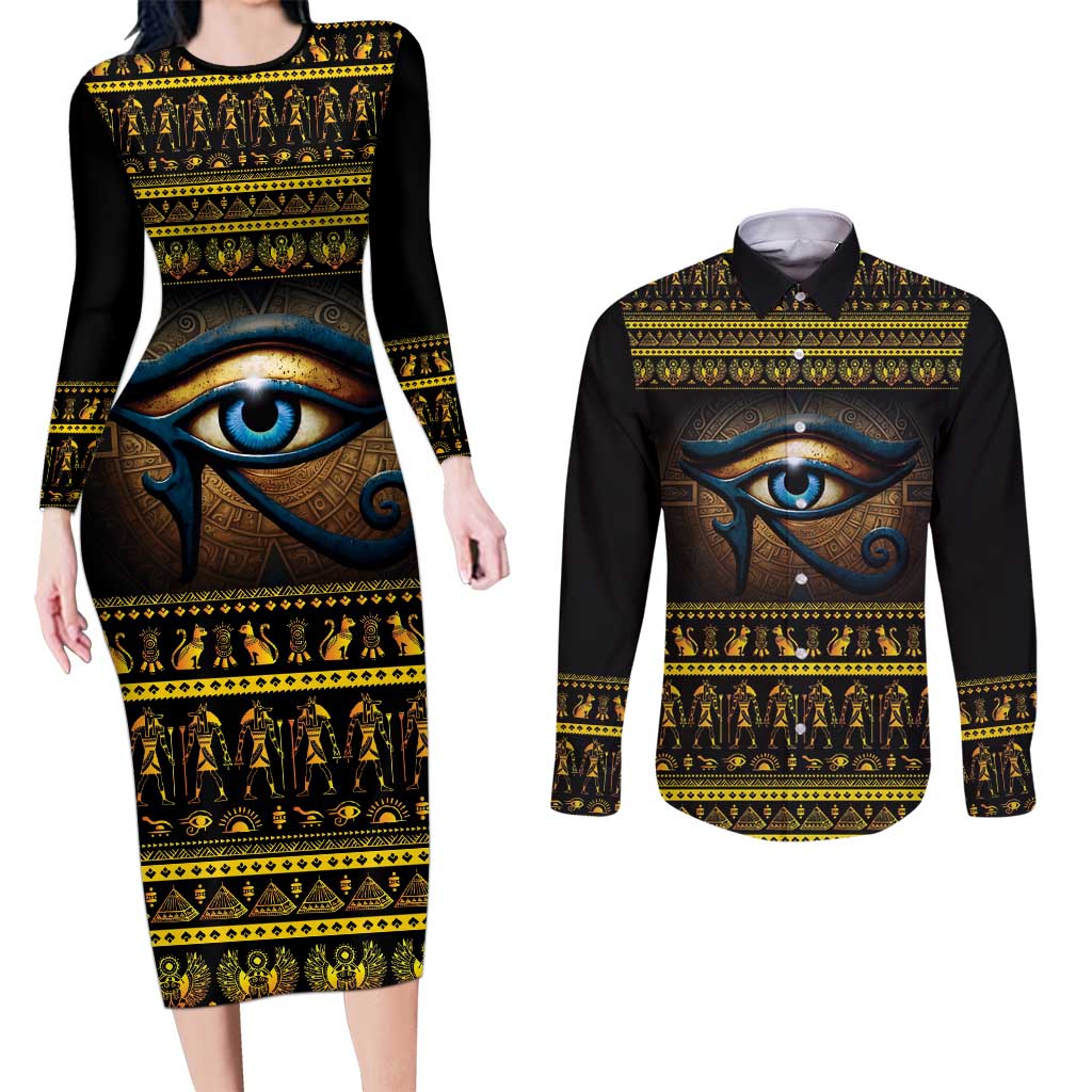 Ancient Egypt Eye Of Ra Couples Matching Long Sleeve Bodycon Dress and Long Sleeve Button Shirt Sun To The Egyptians - Wonder Print Shop