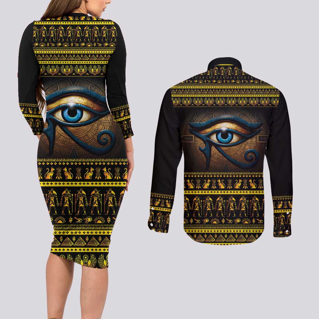 Ancient Egypt Eye Of Ra Couples Matching Long Sleeve Bodycon Dress and Long Sleeve Button Shirt Sun To The Egyptians - Wonder Print Shop