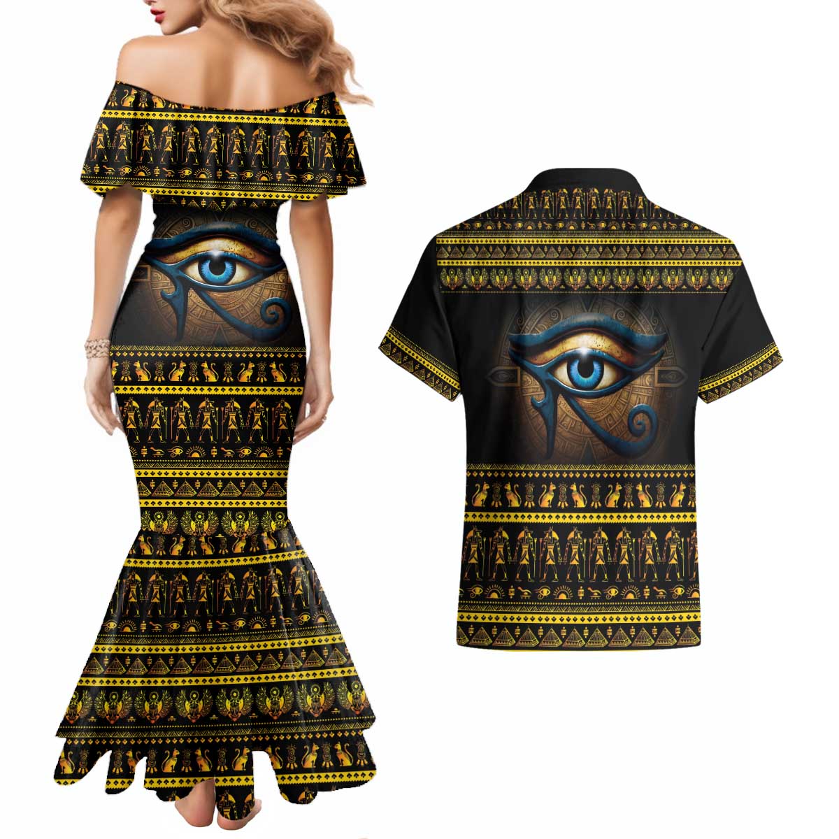 Ancient Egypt Eye Of Ra Couples Matching Mermaid Dress and Hawaiian Shirt Sun To The Egyptians - Wonder Print Shop