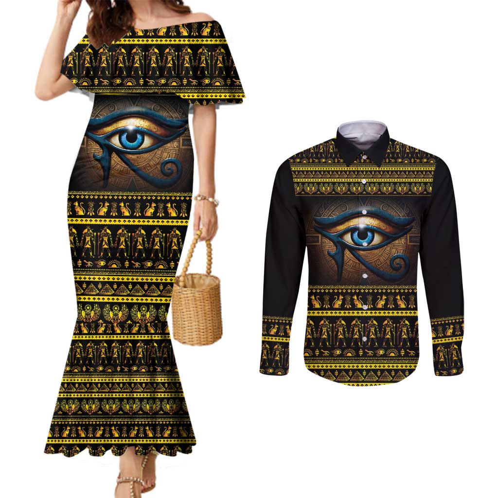 Ancient Egypt Eye Of Ra Couples Matching Mermaid Dress and Long Sleeve Button Shirt Sun To The Egyptians