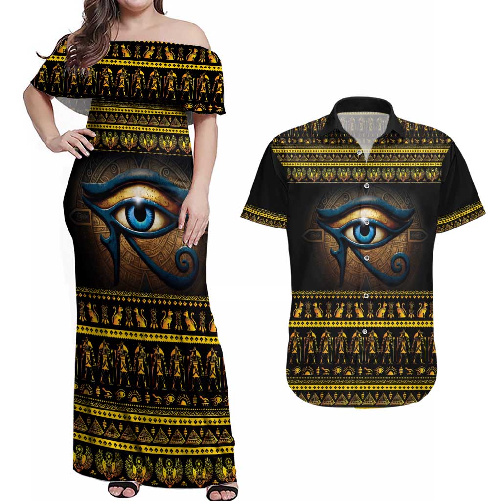 Ancient Egypt Eye Of Ra Couples Matching Off Shoulder Maxi Dress and Hawaiian Shirt Sun To The Egyptians - Wonder Print Shop