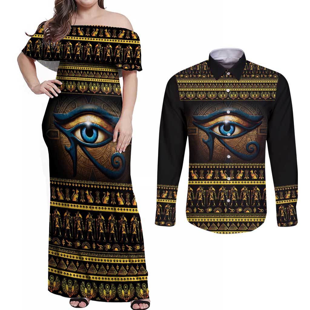 Ancient Egypt Eye Of Ra Couples Matching Off Shoulder Maxi Dress and Long Sleeve Button Shirt Sun To The Egyptians - Wonder Print Shop