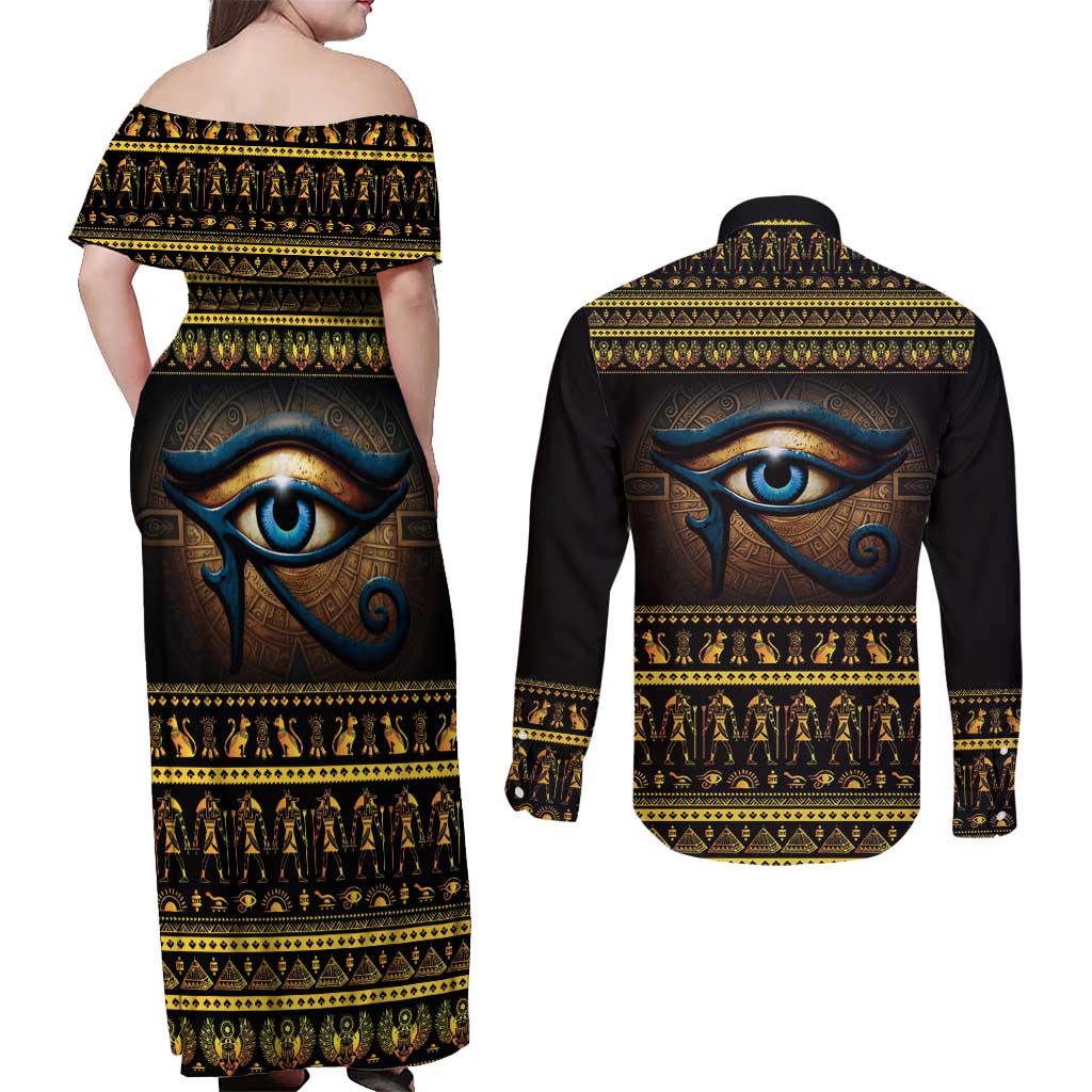 Ancient Egypt Eye Of Ra Couples Matching Off Shoulder Maxi Dress and Long Sleeve Button Shirt Sun To The Egyptians - Wonder Print Shop