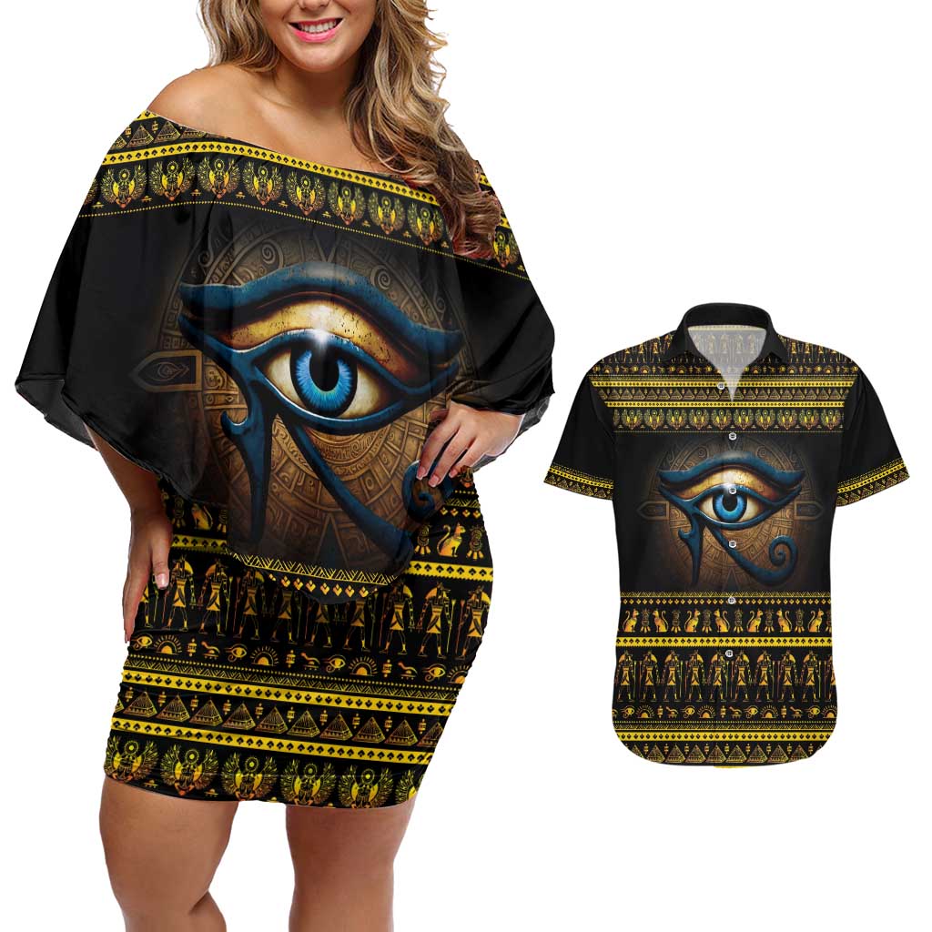 Ancient Egypt Eye Of Ra Couples Matching Off Shoulder Short Dress and Hawaiian Shirt Sun To The Egyptians - Wonder Print Shop
