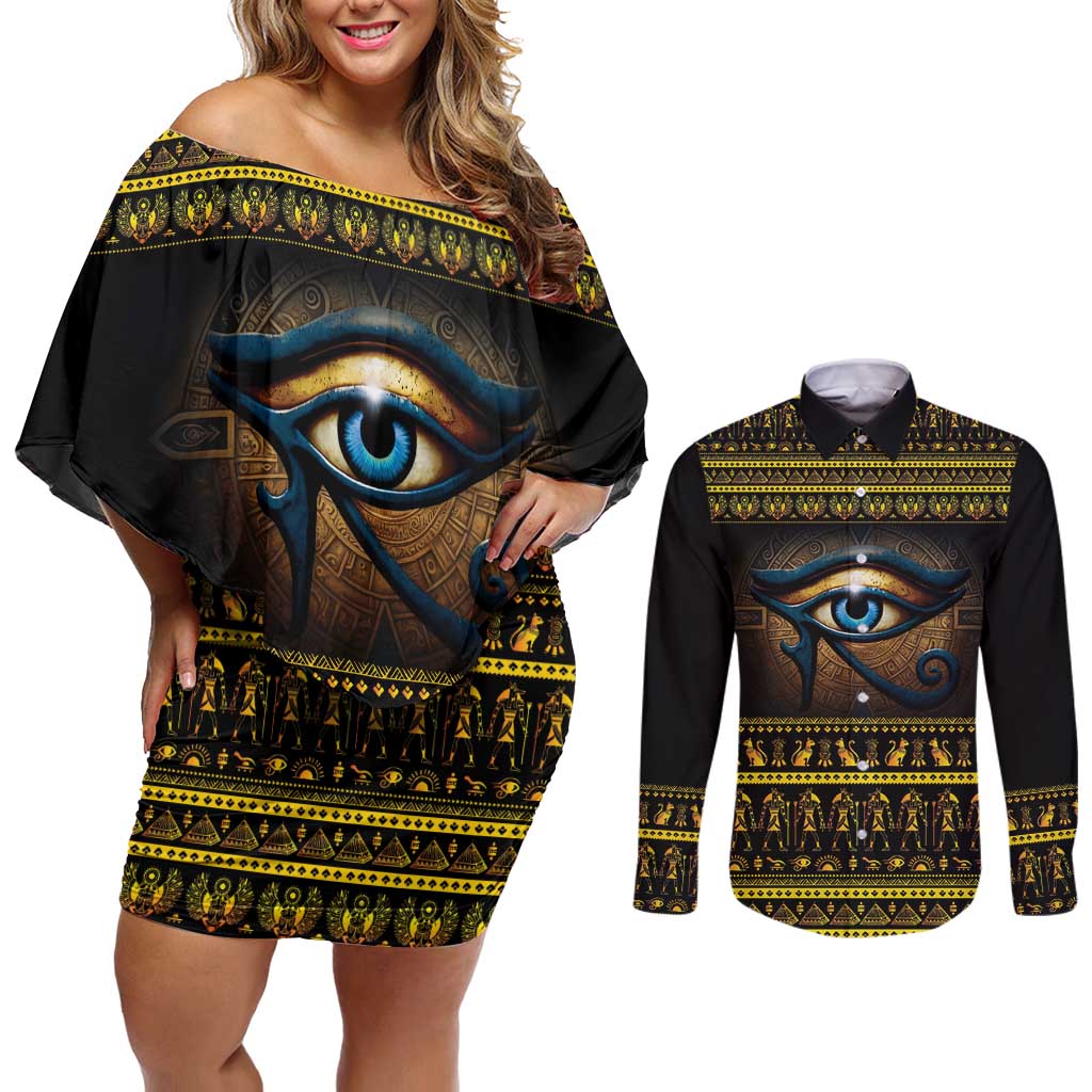 Ancient Egypt Eye Of Ra Couples Matching Off Shoulder Short Dress and Long Sleeve Button Shirt Sun To The Egyptians - Wonder Print Shop
