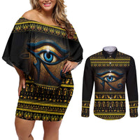 Ancient Egypt Eye Of Ra Couples Matching Off Shoulder Short Dress and Long Sleeve Button Shirt Sun To The Egyptians - Wonder Print Shop