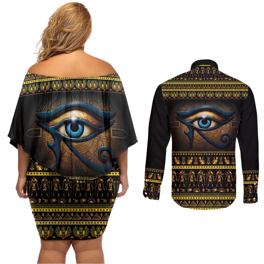 Ancient Egypt Eye Of Ra Couples Matching Off Shoulder Short Dress and Long Sleeve Button Shirt Sun To The Egyptians - Wonder Print Shop