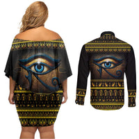 Ancient Egypt Eye Of Ra Couples Matching Off Shoulder Short Dress and Long Sleeve Button Shirt Sun To The Egyptians - Wonder Print Shop