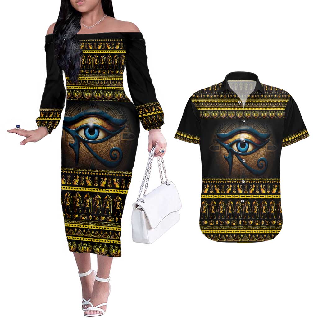 Ancient Egypt Eye Of Ra Couples Matching Off The Shoulder Long Sleeve Dress and Hawaiian Shirt Sun To The Egyptians - Wonder Print Shop