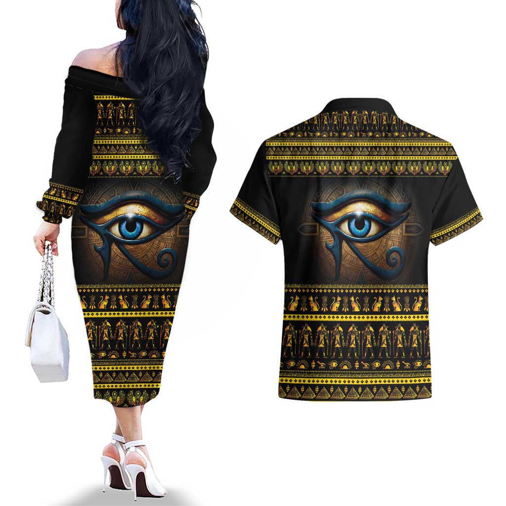 Ancient Egypt Eye Of Ra Couples Matching Off The Shoulder Long Sleeve Dress and Hawaiian Shirt Sun To The Egyptians - Wonder Print Shop