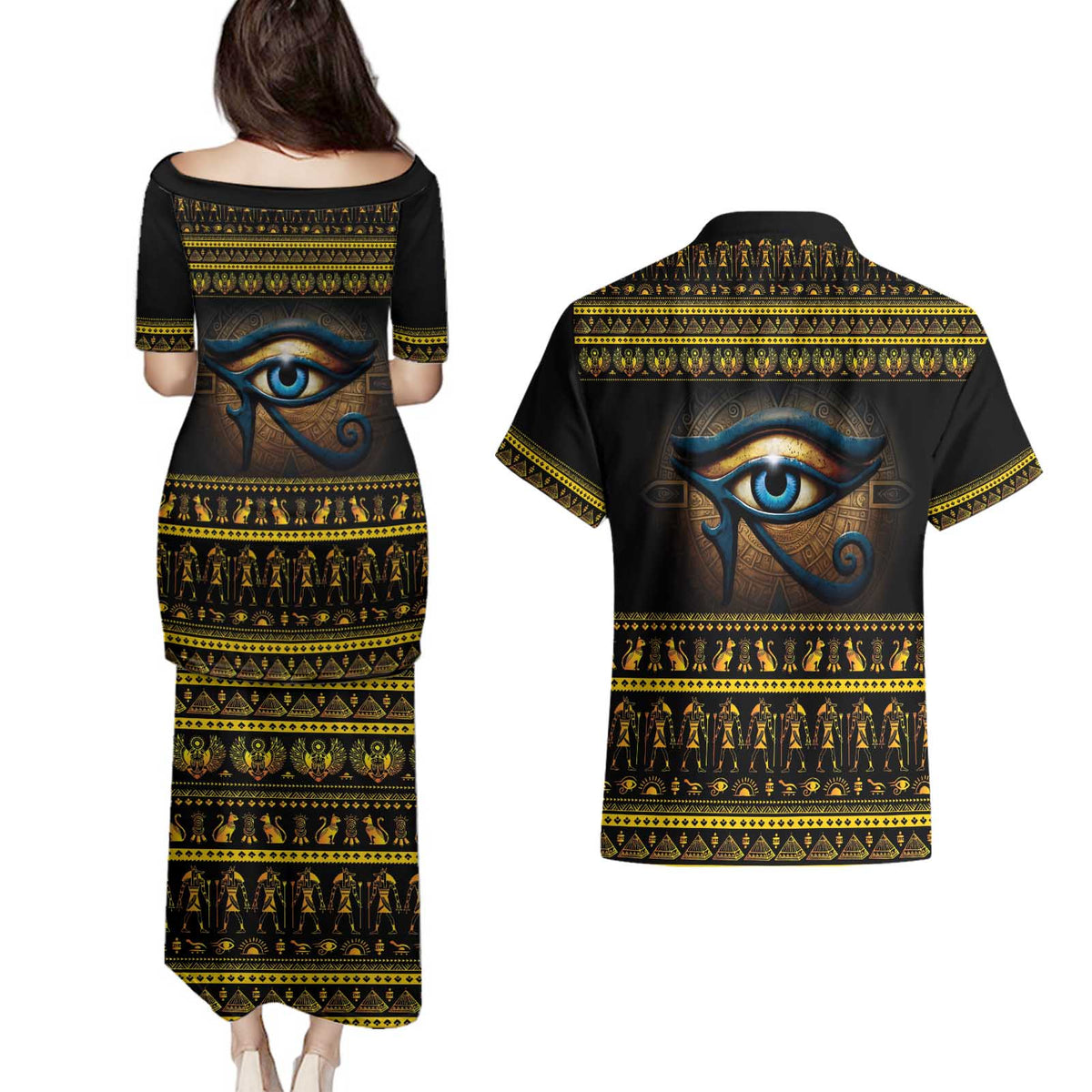 Ancient Egypt Eye Of Ra Couples Matching Puletasi and Hawaiian Shirt Sun To The Egyptians - Wonder Print Shop