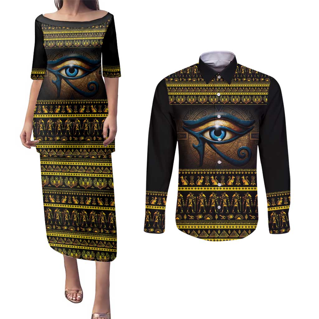Ancient Egypt Eye Of Ra Couples Matching Puletasi and Long Sleeve Button Shirt Sun To The Egyptians - Wonder Print Shop