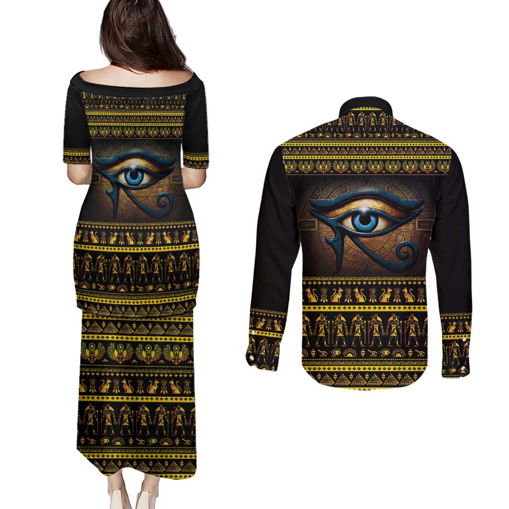 Ancient Egypt Eye Of Ra Couples Matching Puletasi and Long Sleeve Button Shirt Sun To The Egyptians - Wonder Print Shop