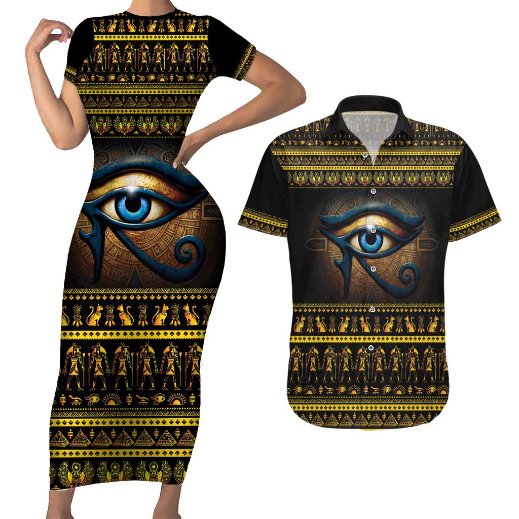 Ancient Egypt Eye Of Ra Couples Matching Short Sleeve Bodycon Dress and Hawaiian Shirt Sun To The Egyptians - Wonder Print Shop