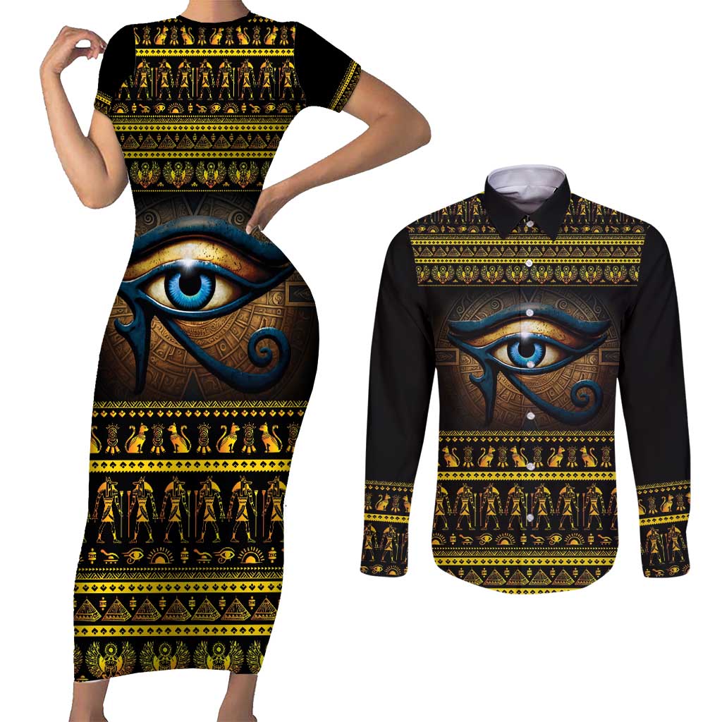 Ancient Egypt Eye Of Ra Couples Matching Short Sleeve Bodycon Dress and Long Sleeve Button Shirt Sun To The Egyptians - Wonder Print Shop