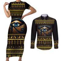 Ancient Egypt Eye Of Ra Couples Matching Short Sleeve Bodycon Dress and Long Sleeve Button Shirt Sun To The Egyptians - Wonder Print Shop