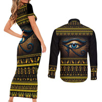 Ancient Egypt Eye Of Ra Couples Matching Short Sleeve Bodycon Dress and Long Sleeve Button Shirt Sun To The Egyptians - Wonder Print Shop
