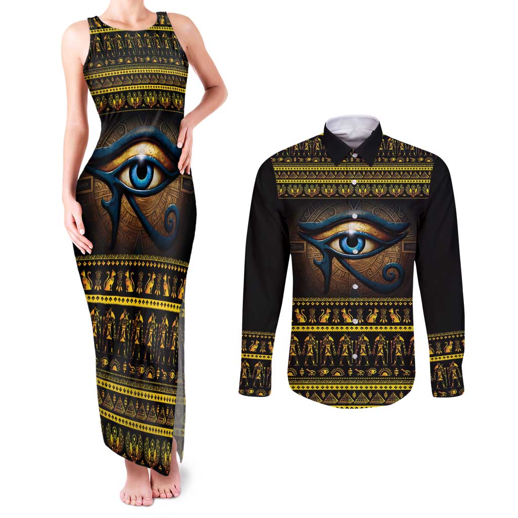 Ancient Egypt Eye Of Ra Couples Matching Tank Maxi Dress and Long Sleeve Button Shirt Sun To The Egyptians - Wonder Print Shop