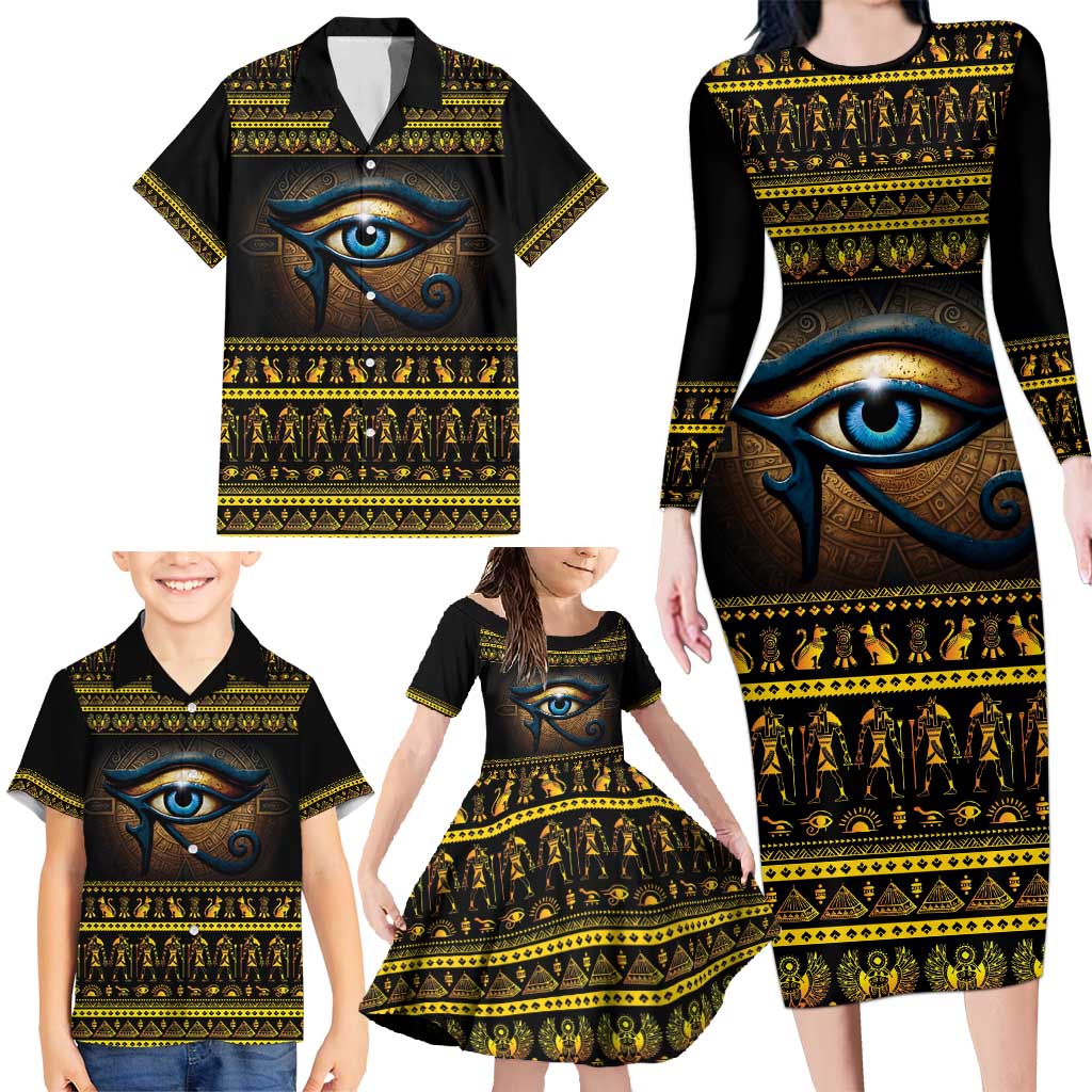 Ancient Egypt Eye Of Ra Family Matching Long Sleeve Bodycon Dress and Hawaiian Shirt Sun To The Egyptians - Wonder Print Shop