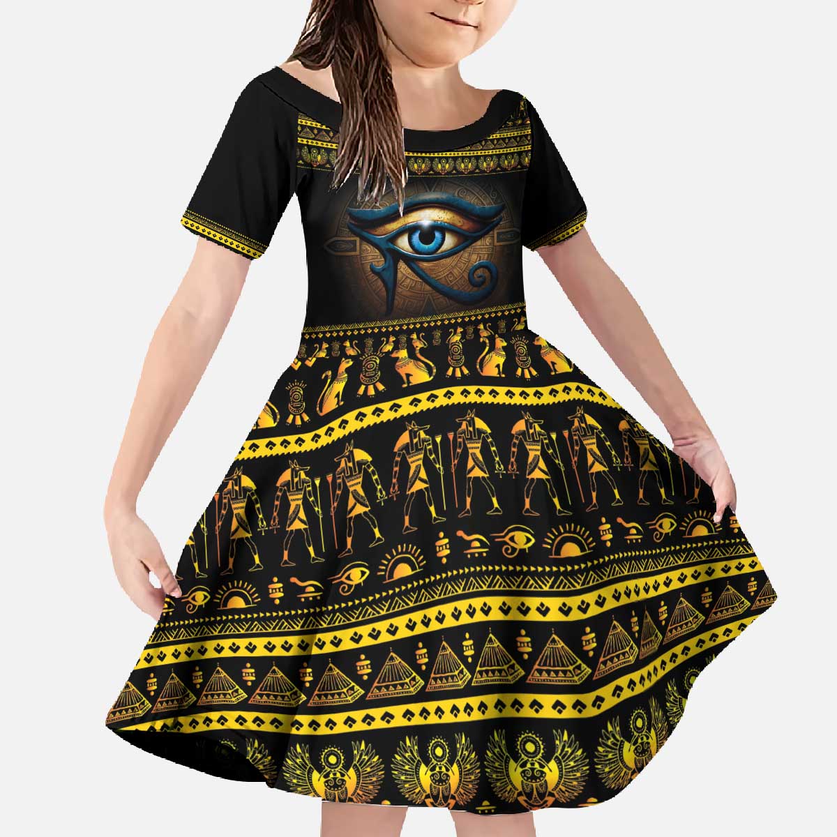 Ancient Egypt Eye Of Ra Family Matching Off The Shoulder Long Sleeve Dress and Hawaiian Shirt Sun To The Egyptians - Wonder Print Shop