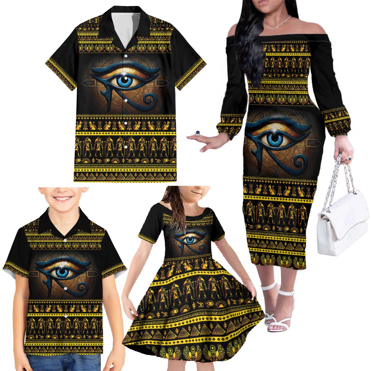 Ancient Egypt Eye Of Ra Family Matching Off The Shoulder Long Sleeve Dress and Hawaiian Shirt Sun To The Egyptians - Wonder Print Shop