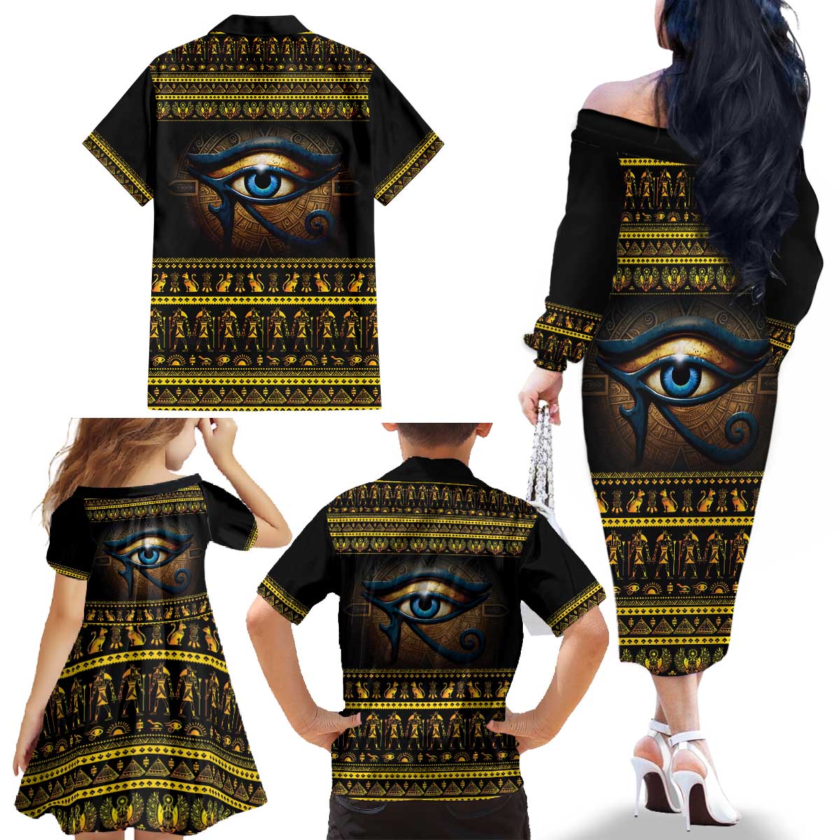 Ancient Egypt Eye Of Ra Family Matching Off The Shoulder Long Sleeve Dress and Hawaiian Shirt Sun To The Egyptians - Wonder Print Shop