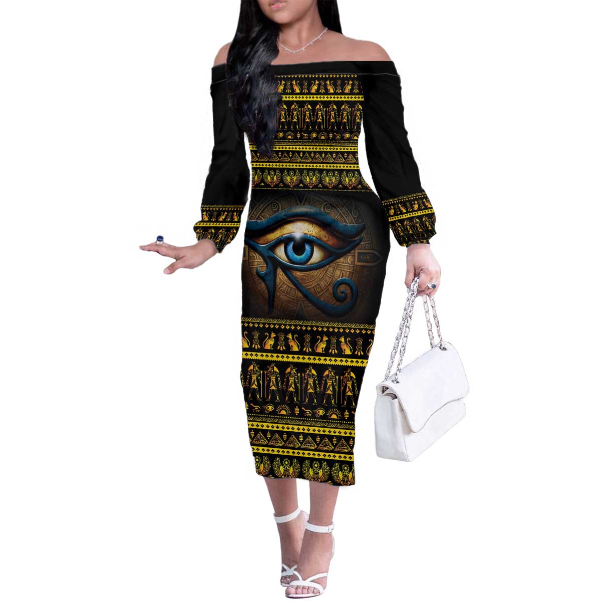 Ancient Egypt Eye Of Ra Family Matching Off The Shoulder Long Sleeve Dress and Hawaiian Shirt Sun To The Egyptians - Wonder Print Shop